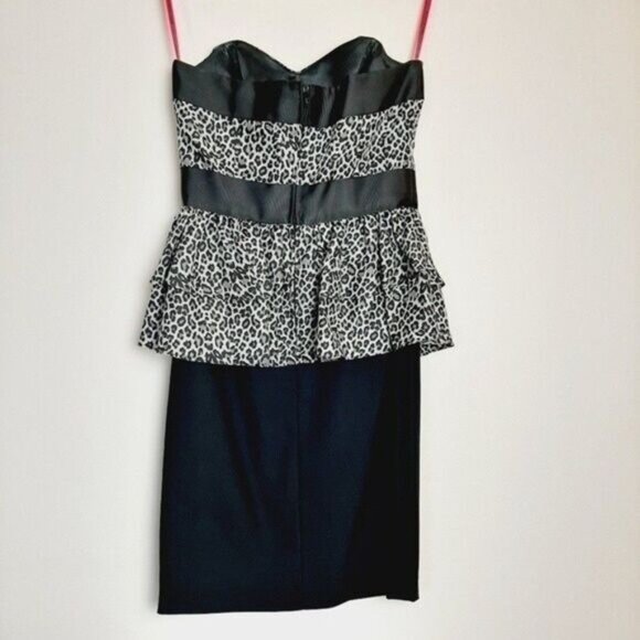 BETSEY JOHNSON / 100% Silk Strapless Cheetah Peplum Fitted Dress Sz 2 - Picture 8 of 16